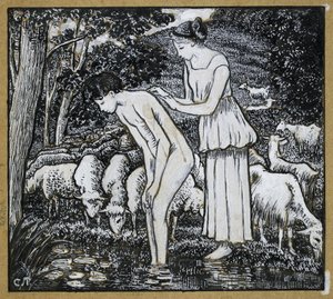 Chloë pesemässä Daphnisia puron ääressä, sävellystutkimus kuvitukseen "Daphnis ja Chloë", n. 1895 (kynä ja intialainen muste kynällä, kiinalainen valkoinen kuultopaperilla) tekijältä Camille Jacob Pissarro